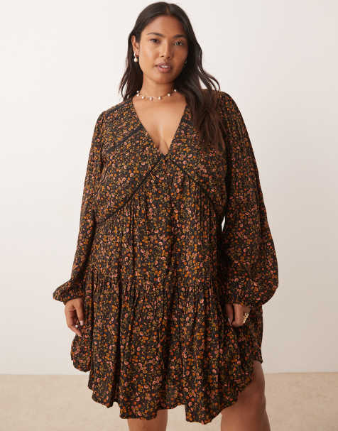 Nobody's Child Plus Marley boho v-neck mini dress in dark floral - view 1