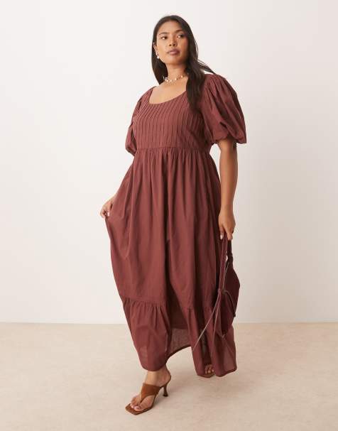Nobody's Child Plus Mimi puff sleeve midi dress in brown - view 1
