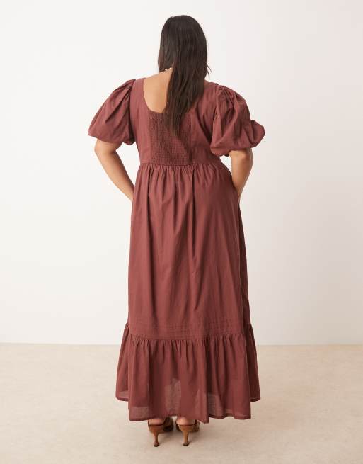 Nobody's Child Plus Mimi puff sleeve midi dress in brown, 3 of 4