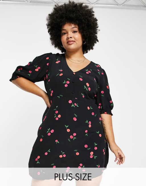 Nobody's Child Plus mini tea dress with button front in cherry print ASOS
