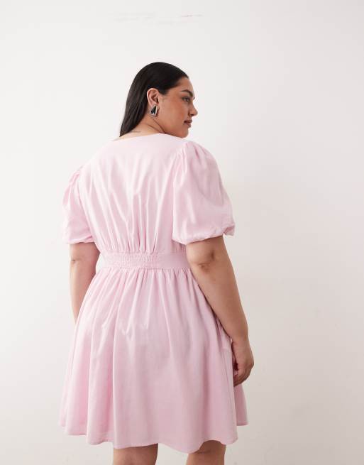 Nobody's Child Plus – Minikleid aus Leinenmix in Hellrosa mit Muschelsaum und V-Ausschnitt, 3 von 4