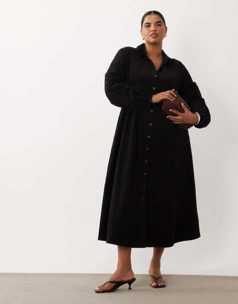 Nobody's Child Plus Montego cord spread collar blouson sleeve shirt maxi dress in black - view 1