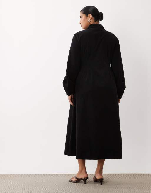 Nobody's Child Plus Montego cord spread collar blouson sleeve shirt maxi dress in black, 4 of 4