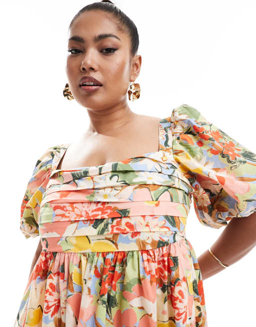 Nobody's Child Plus Nova puff sleeve midi dress in bright floral