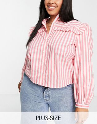 Nobody's Child Plus oversized shirt with frill details in pink stripe