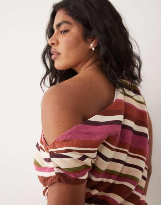 Nobody's Child Plus - Parte de un conjunto - Top a rayas de colores con escote Bardot de lino, 3 de 4