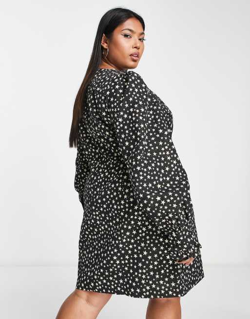 Nobody's Child Plus Peggy puff sleeve metallic star mini dress in black, 2 of 4