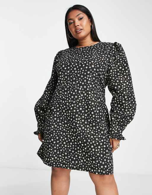 Nobody's Child Plus Peggy puff sleeve metallic star mini dress in black, 3 of 4