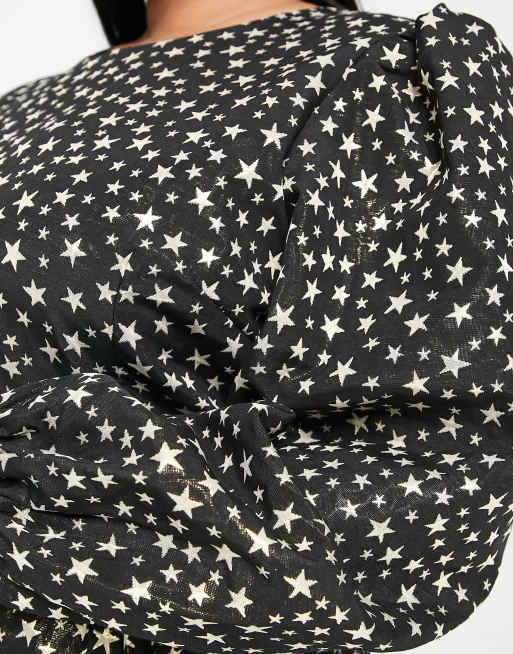 Nobody's Child Plus Peggy puff sleeve metallic star mini dress in black, 4 of 4