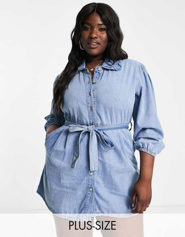 Nobody's Child Plus Phoenix cotton denim belted shirt dress in blue - MBLUE