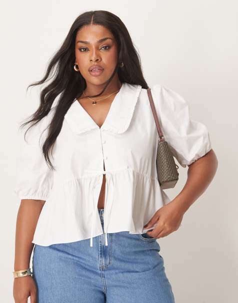Nobody's Child Plus Poppy collared puff sleeve blouse in white - view 1