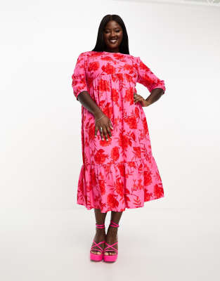 Nobody's Child Plus Rachel smock midi dress in pink and red floral