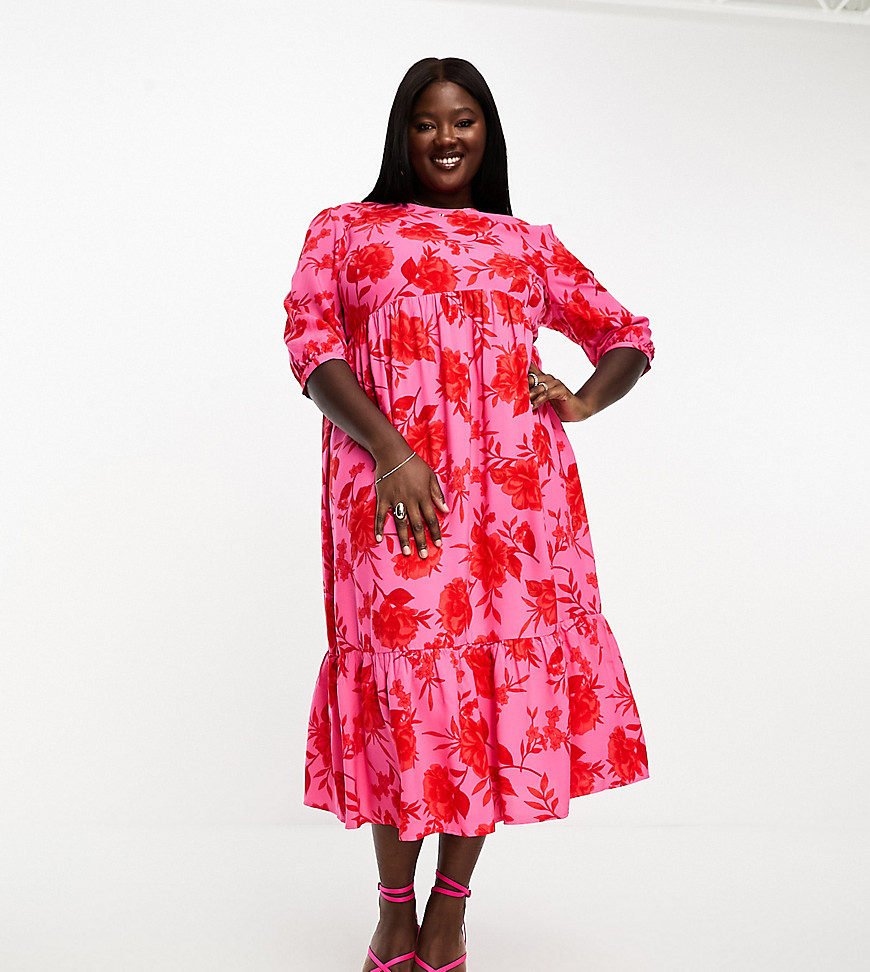 Nobody's Child Plus Rachel smock midi dress in pink and red floral