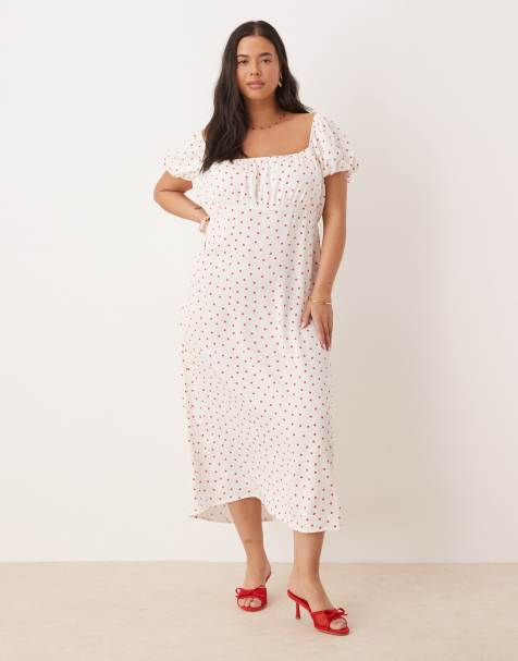 Nobody's Child Plus Raven puff sleeve midi dress in white and red polka dot - view 1