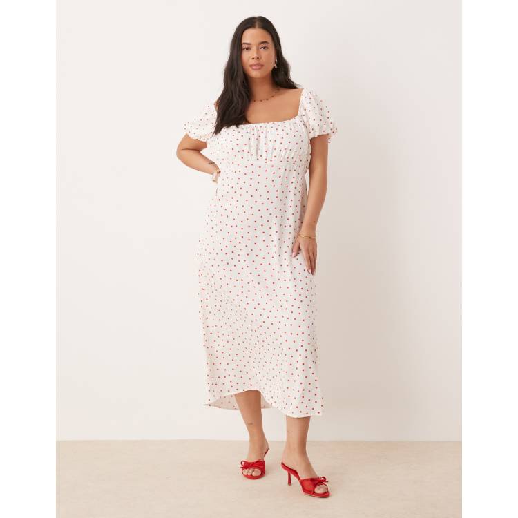 Nobody's Child Plus Raven puff sleeve midi dress in white and red