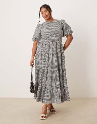 Nobody's Child Plus Nobody's Child Plus Ricky puff sleeve midi dress in mono gingham-Black