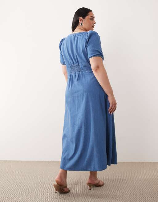 Nobody's Child Plus - Robe mi-longue en jean boutonnée sur le devant à manches bouffantes - Bleu, 2 de 4