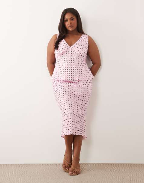 Nobody's Child Plus – Różowa spódnica midi w groszki ze średnim stanem i gumką w talii, część zestawu - view 1