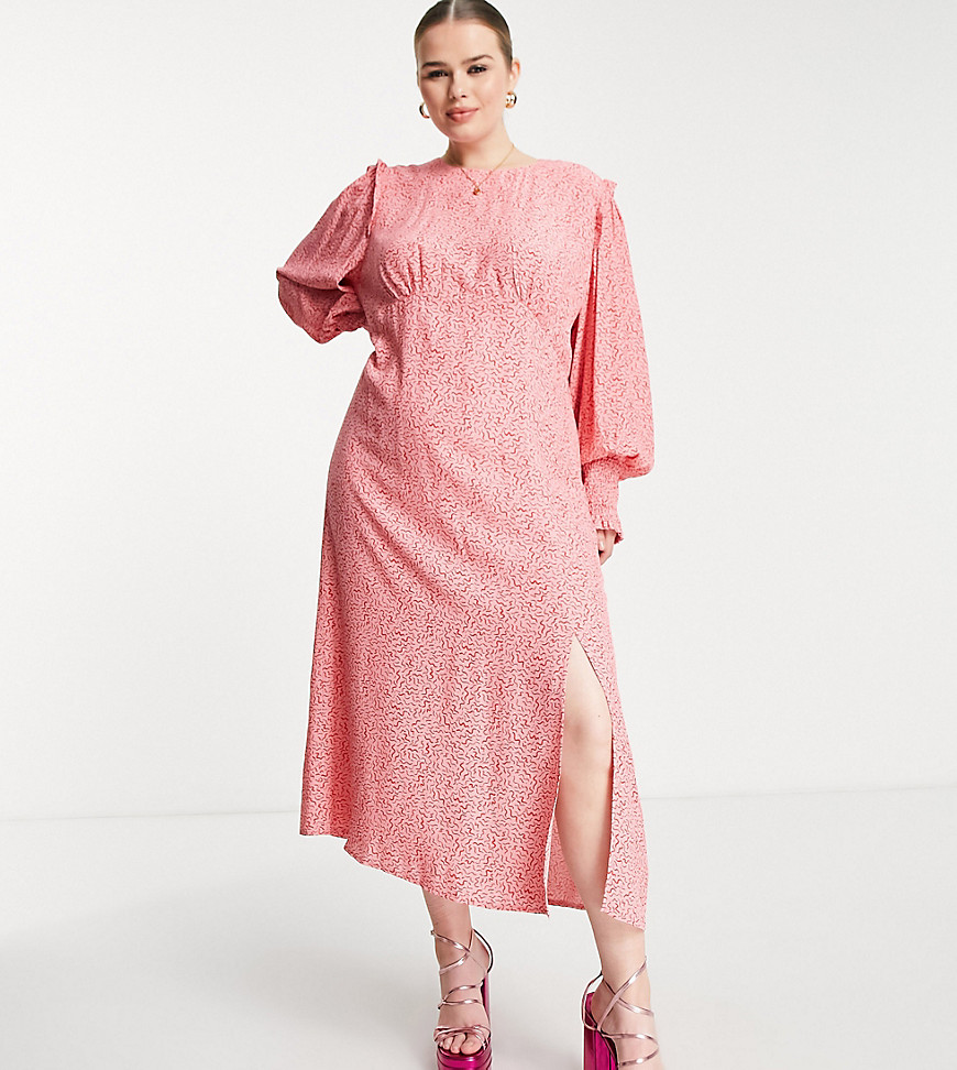 Nobody's Child Plus ruched sleeve frill maxi dress in pink squiggle print