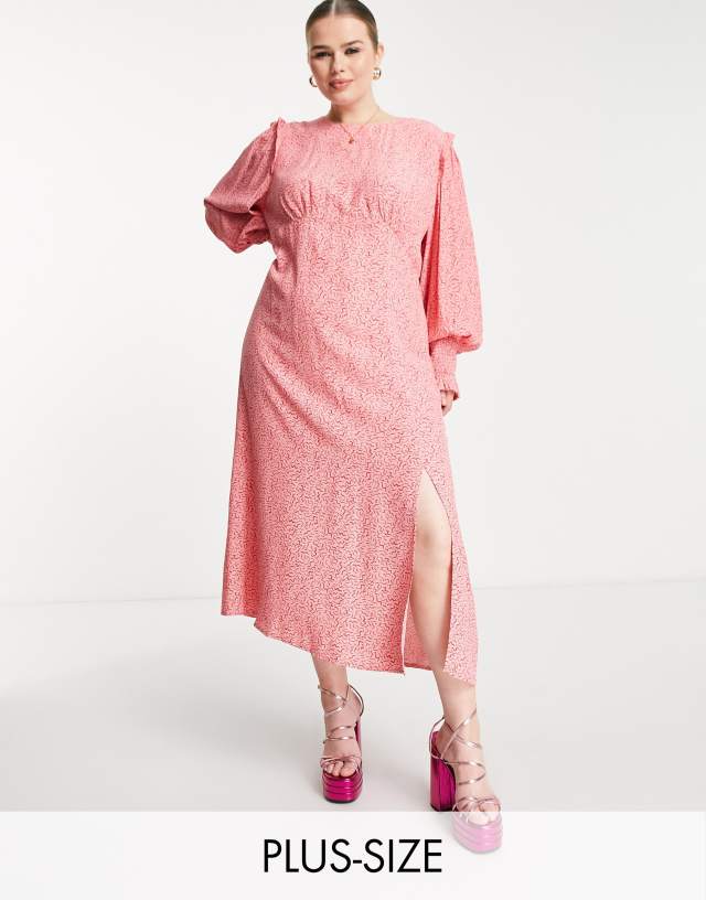 Nobody's Child Plus ruched sleeve frill maxi dress in pink squiggle print