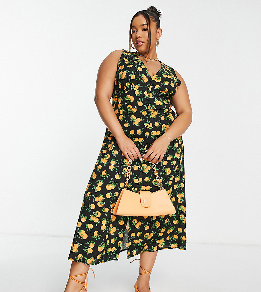 Plus-size dress by Nobody%27s Child A round of applause for the dress All-over orange print V-neck Sleeveless style Button-through front Regular fit