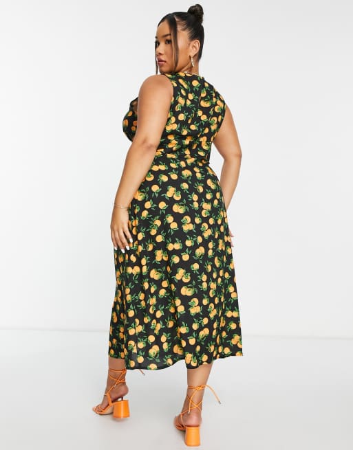 Nobody's Child Plus Sandra orange print slip dress in black, 3 of 4