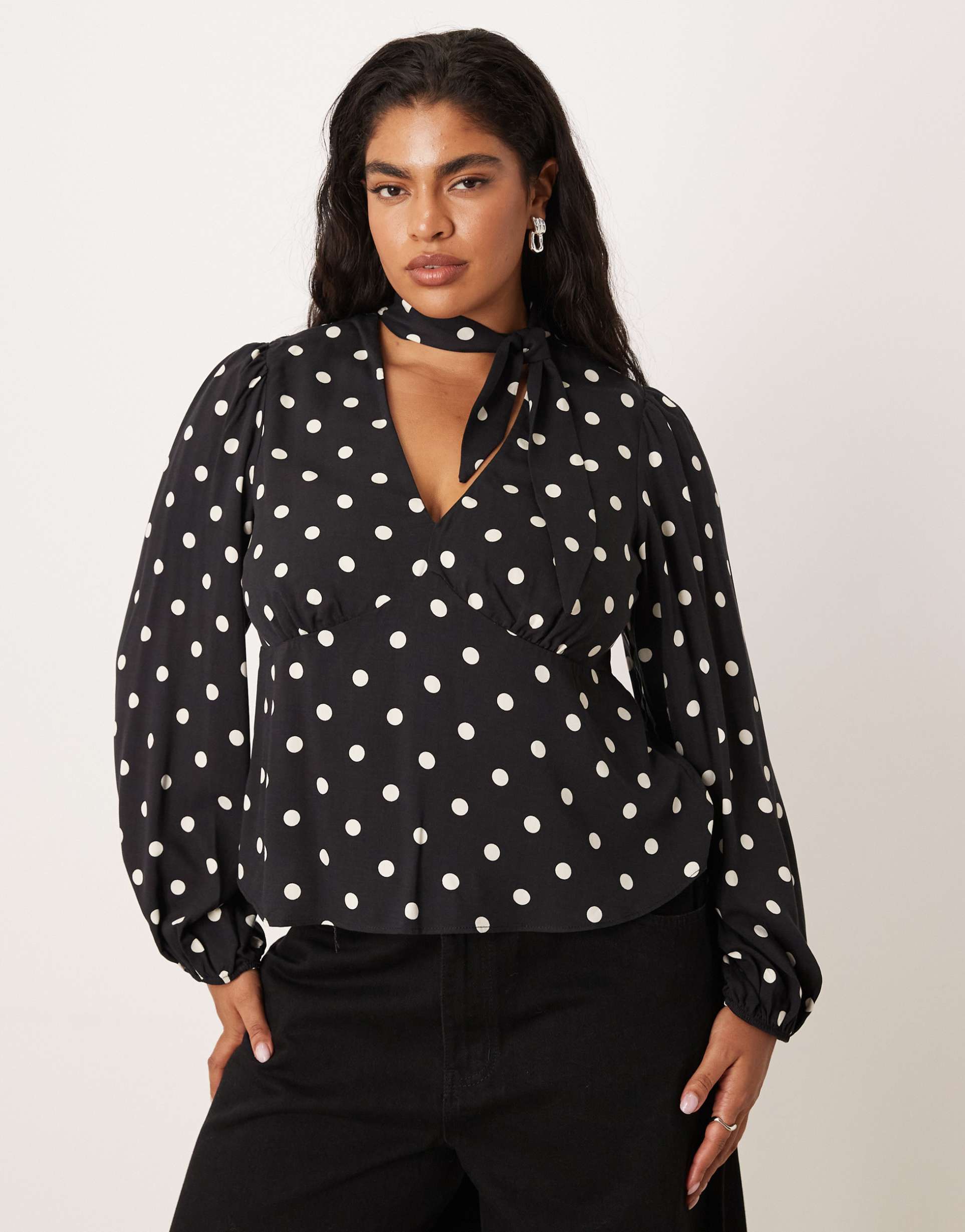 nobody's child plus scarf neck blouse in black and white dot