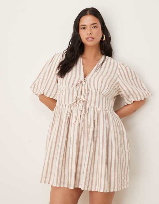 Nobody's Child Plus - Scottie - Mini jurk met pofmouw in neutrale streep, 2 van 4