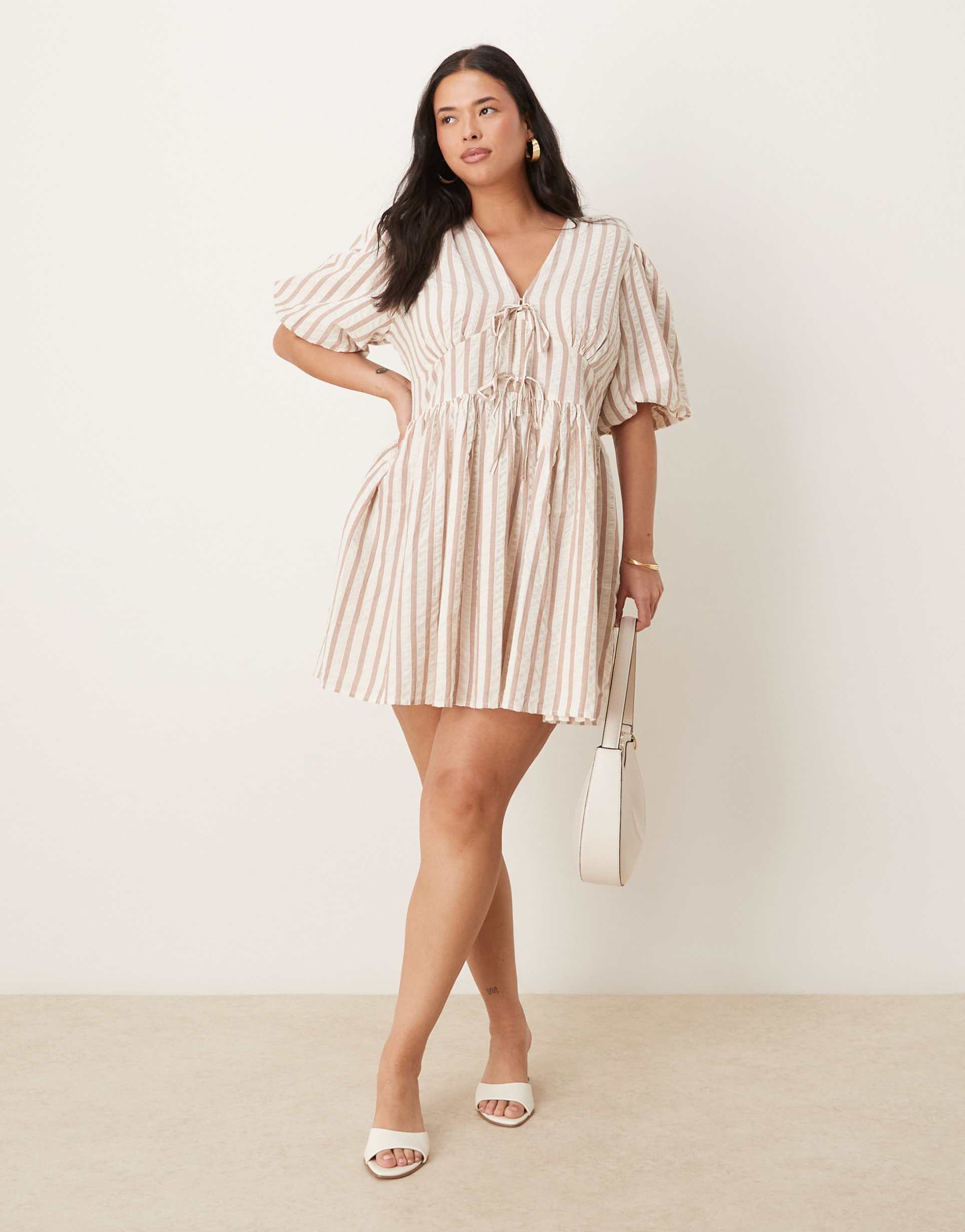 nobody's child plus scottie puff sleeve mini dress in neutral stripe