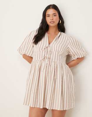 Nobody's Child Plus Scottie puff sleeve mini dress in neutral stripe