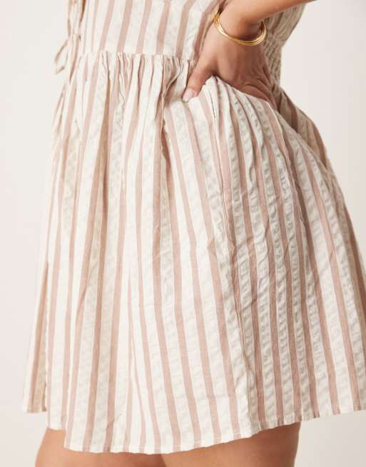 Nobody's Child Plus Scottie puff sleeve mini dress in neutral stripe, 3 of 4