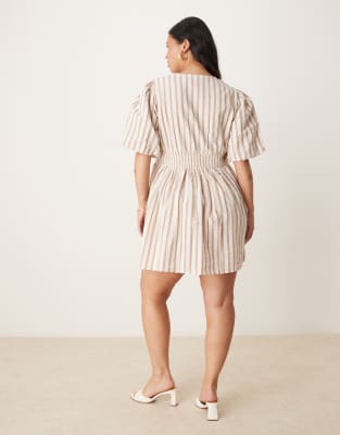 Nobody's Child Plus Scottie puff sleeve mini dress in neutral stripe