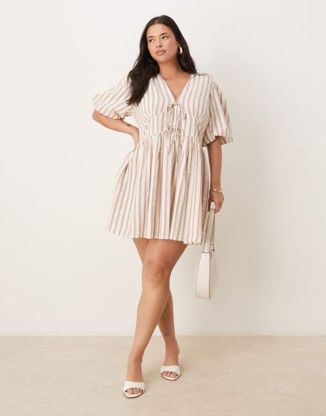 Nobody's Child Plus Scottie puff sleeve mini dress in neutral stripe