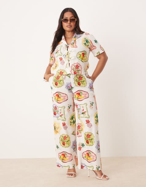 Nobody's Child Plus Shona straight leg trousers co-ord in postcard fruit print