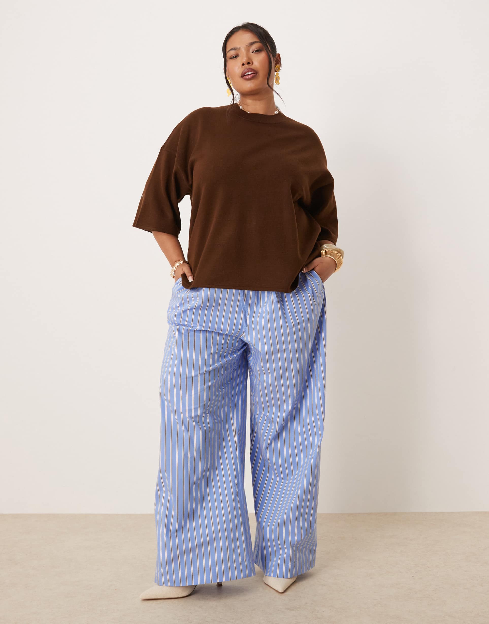 nobody's child plus shona straight leg pants in blue and white stripes