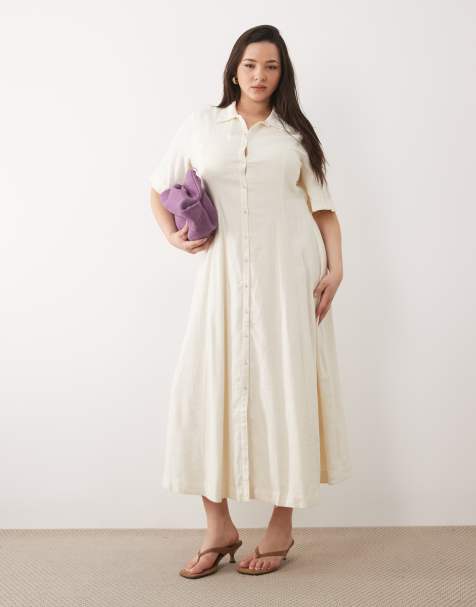 Nobody's Child Plus short sleeve linen midi shirt dress in cream - view 1