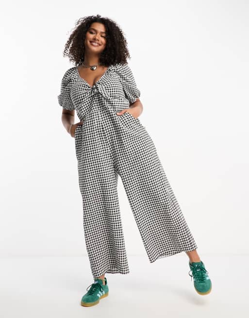 Nobody's Child Plus – Simone – Jumpsuit in Schwarz-Weiß mit Vichy-Karos und Puffärmeln