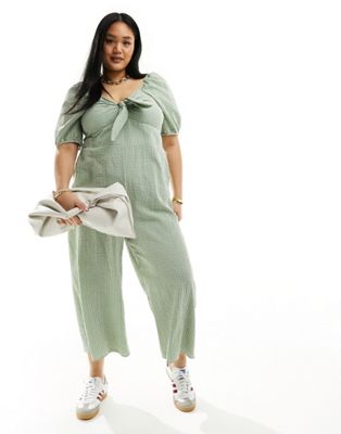 Nobody’s Child Plus Simone puff sleeve wide leg jumpsuit in green gingham