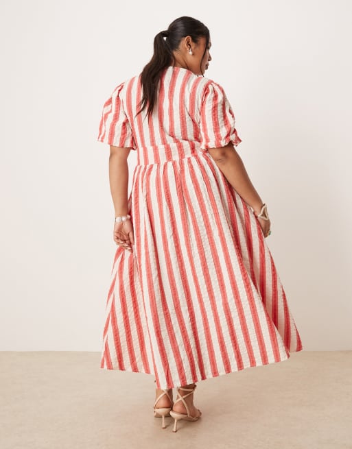 Nobody's Child Plus - Starlight - Gestreepte midi jurk met pofmouwen in rood en wit, 2 van 4