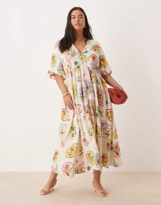 Nobody's Child Plus - Starlight - Midikleid mit Postkarten-Obstprint und Puffärmeln-Bunt