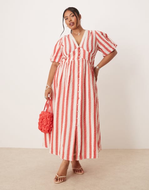 Nobody's Child Plus Starlight puff sleeve midi dress in red and white stripe - view 1