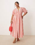 [Nobody's Child Plus] Nobody's Child Plus Starlight puff sleeve midi dress in red and white stripe 22 Red