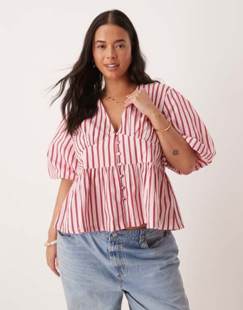 Nobody's Child Plus Starlight puff sleeve top in pink stripe - view 1