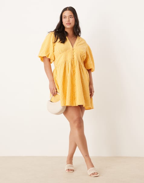 Nobody's Child Plus Starlight puff sleeve mini dress in yellow check