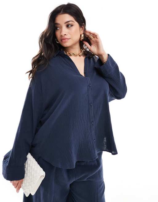 Nobody's Child Plus - Tamra - Camicia squadrata blu navy in coordinato 