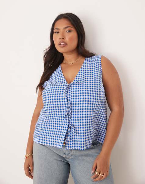 Nobody's Child Plus Tessa tie detail sleeveless top in blue checkerboard - view 1