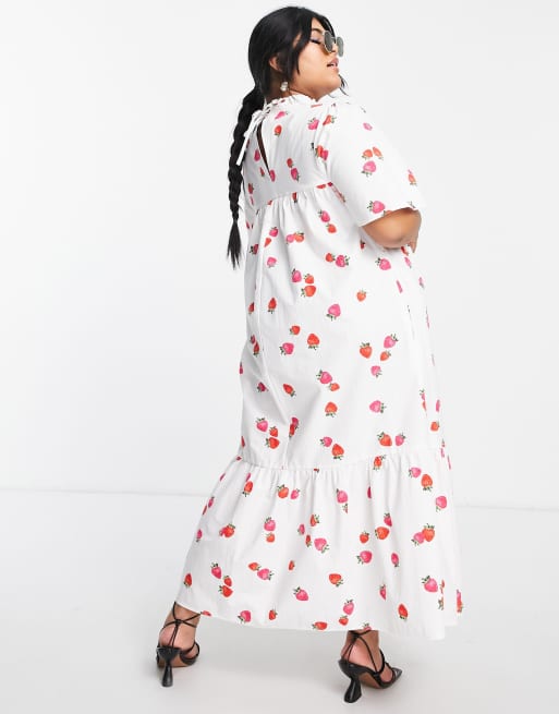 Nobody's Child Plus tiered smock maxi dress in cream strawberry print, 2 of 4