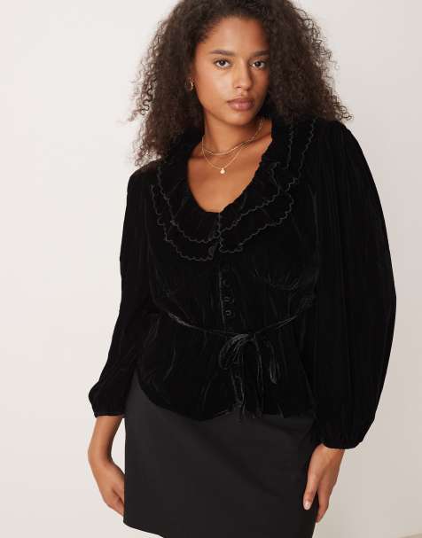 Nobody's Child Plus Tommie velvet ruffle blouse in black