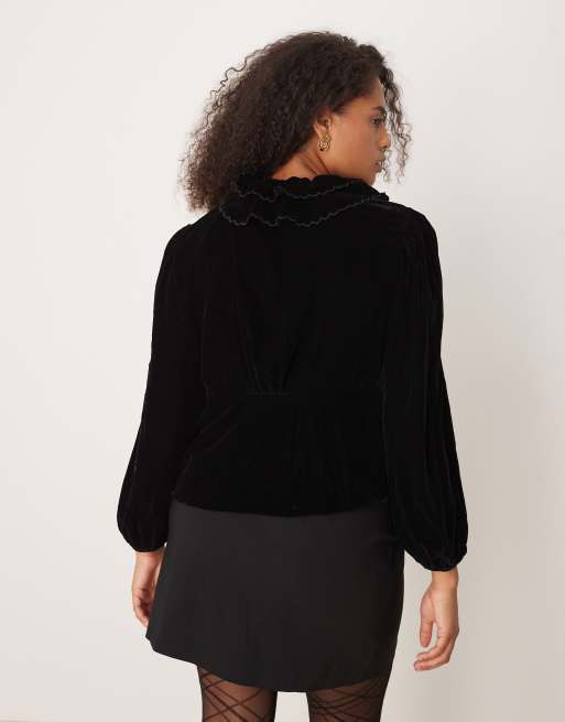 Nobody's Child Plus Tommie velvet ruffle blouse in black, 4 of 4