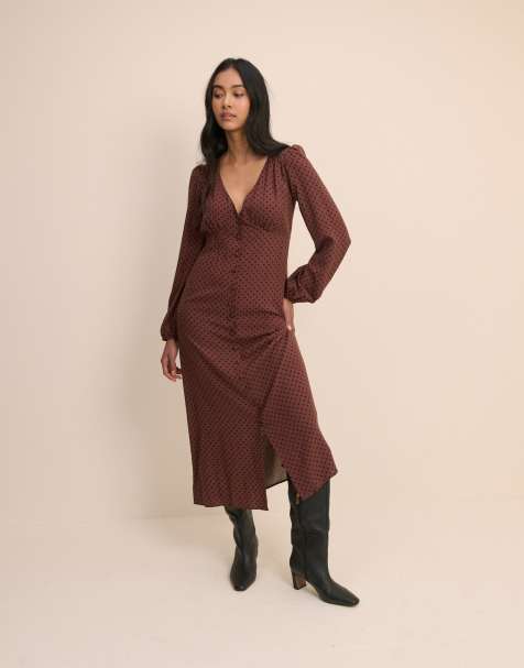 Nobody's Child Plus v neck balloon sleeve button front midi dress in brown polka dot - view 1